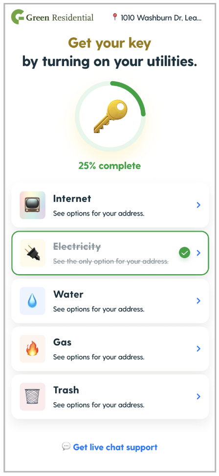 Get the keys for completing these steps. see address. company logo. the steps to complete. 25% done setting up internet.
